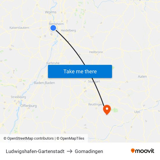 Ludwigshafen-Gartenstadt to Gomadingen map