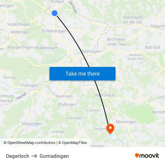 Degerloch to Gomadingen map