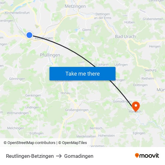 Reutlingen-Betzingen to Gomadingen map