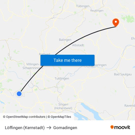 Löffingen (Kernstadt) to Gomadingen map