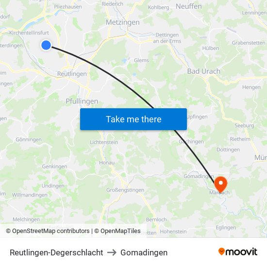 Reutlingen-Degerschlacht to Gomadingen map