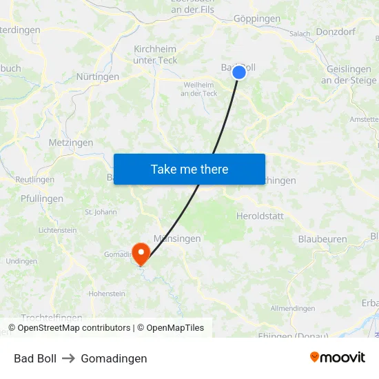 Bad Boll to Gomadingen map