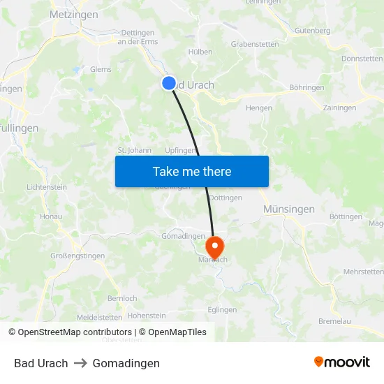 Bad Urach to Gomadingen map