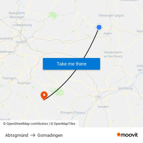 Abtsgmünd to Gomadingen map