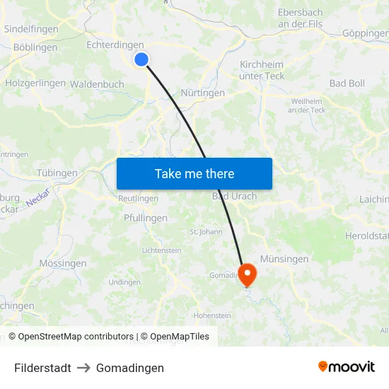 Filderstadt to Gomadingen map