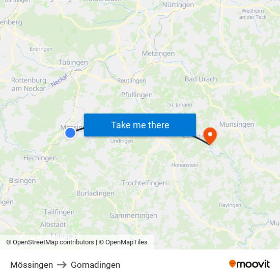 Mössingen to Gomadingen map