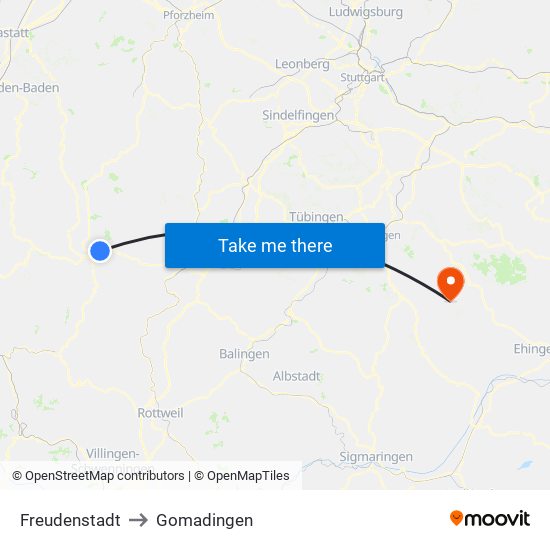 Freudenstadt to Gomadingen map