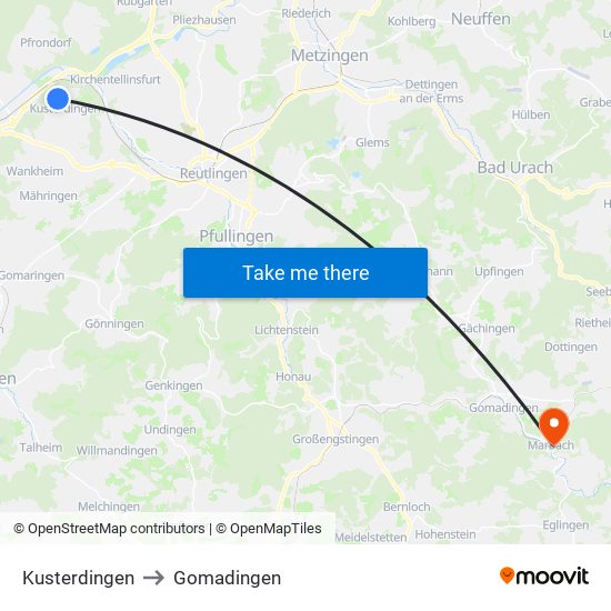 Kusterdingen to Gomadingen map