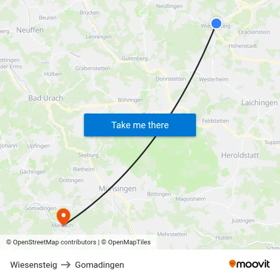 Wiesensteig to Gomadingen map
