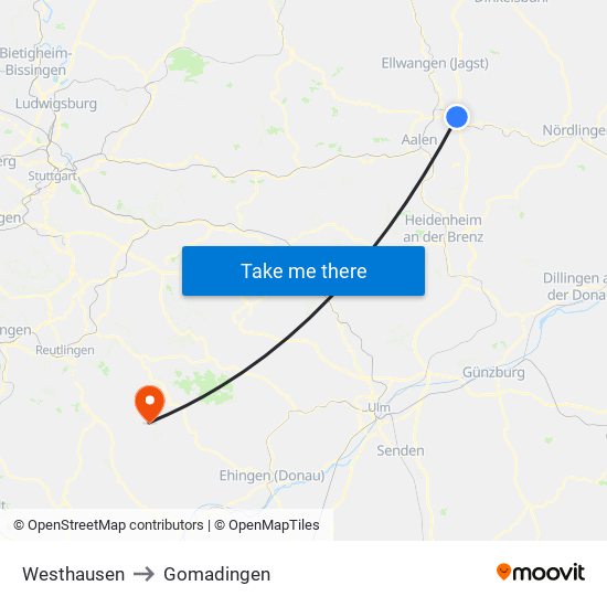 Westhausen to Gomadingen map