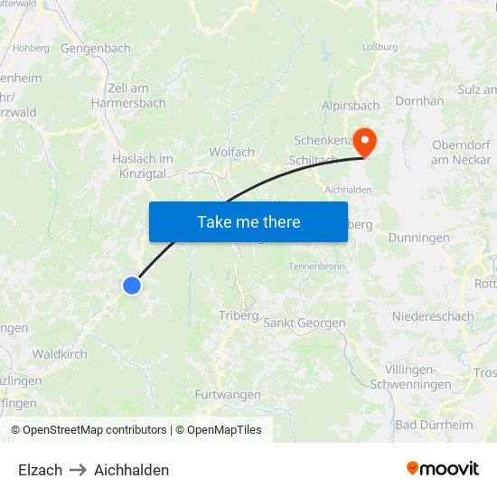 Elzach to Aichhalden map