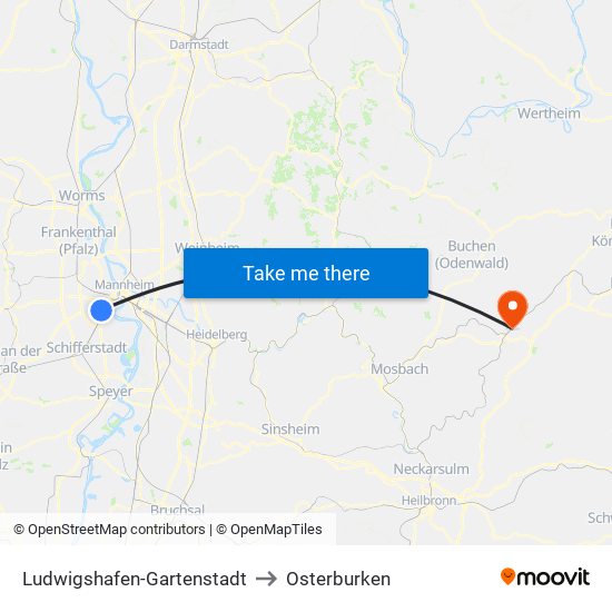 Ludwigshafen-Gartenstadt to Osterburken map