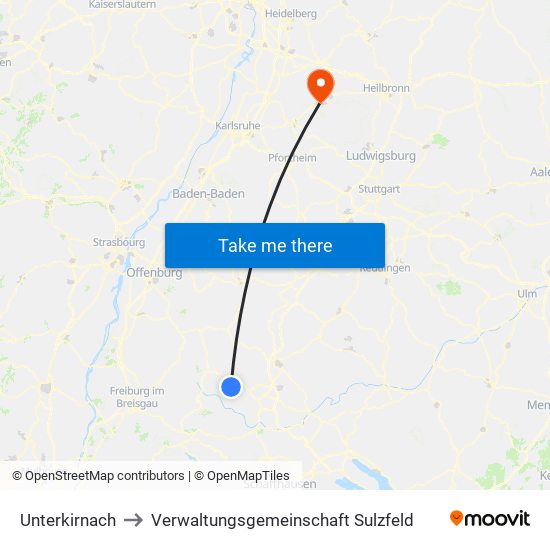 Unterkirnach to Verwaltungsgemeinschaft Sulzfeld map