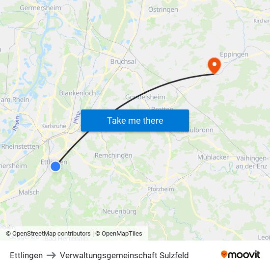 Ettlingen to Verwaltungsgemeinschaft Sulzfeld map
