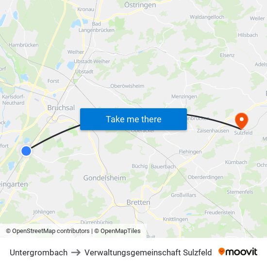 Untergrombach to Verwaltungsgemeinschaft Sulzfeld map