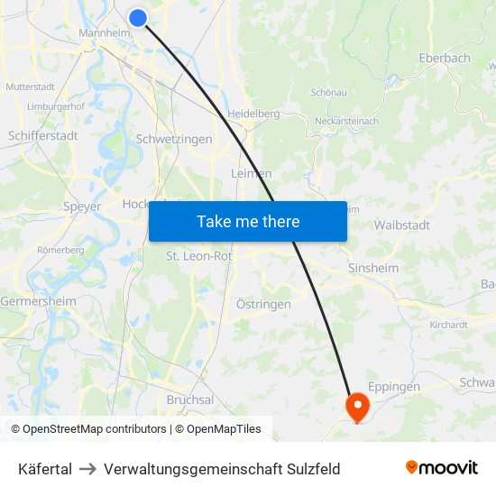 Käfertal to Verwaltungsgemeinschaft Sulzfeld map