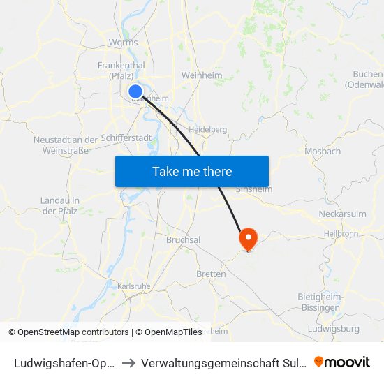 Ludwigshafen-Oppau to Verwaltungsgemeinschaft Sulzfeld map