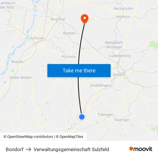 Bondorf to Verwaltungsgemeinschaft Sulzfeld map