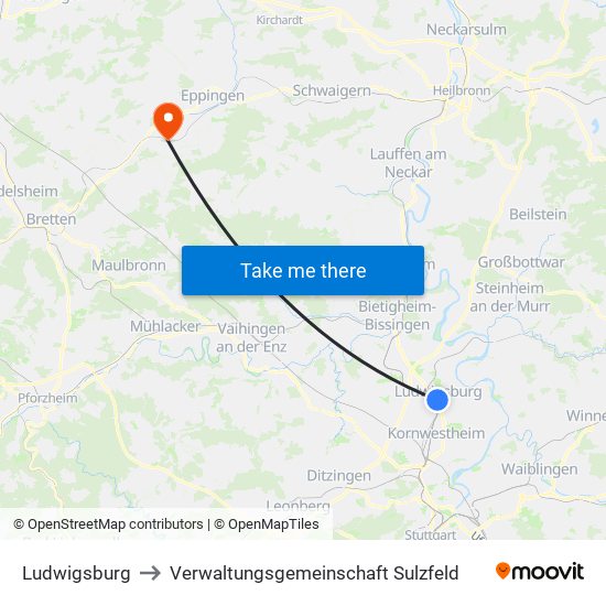 Ludwigsburg to Verwaltungsgemeinschaft Sulzfeld map