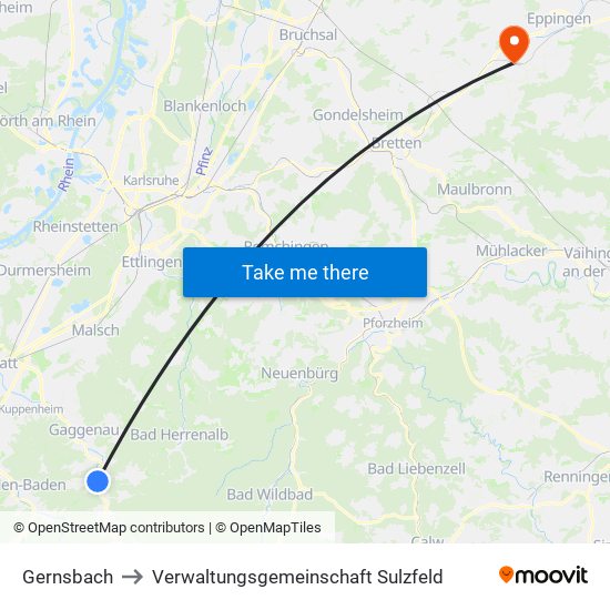 Gernsbach to Verwaltungsgemeinschaft Sulzfeld map