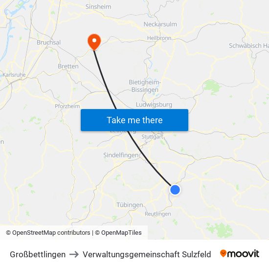 Großbettlingen to Verwaltungsgemeinschaft Sulzfeld map