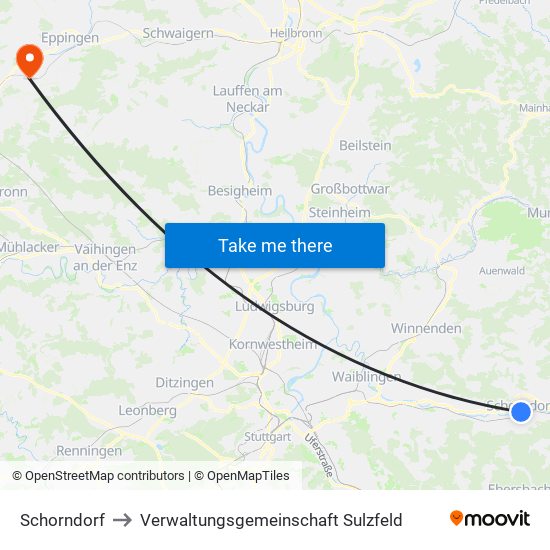 Schorndorf to Verwaltungsgemeinschaft Sulzfeld map