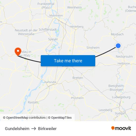 Gundelsheim to Birkweiler map