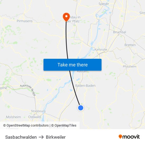 Sasbachwalden to Birkweiler map