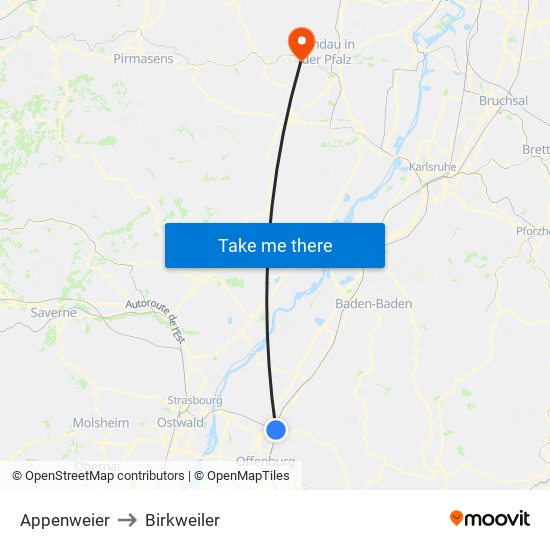 Appenweier to Birkweiler map