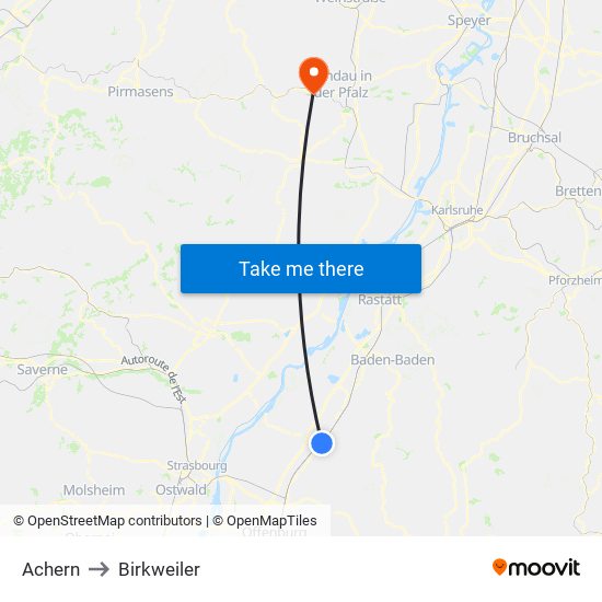 Achern to Birkweiler map