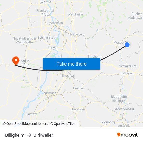 Billigheim to Birkweiler map