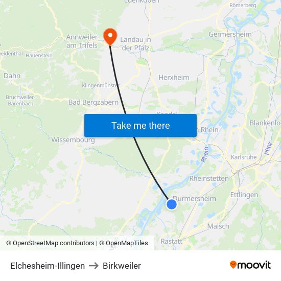 Elchesheim-Illingen to Birkweiler map
