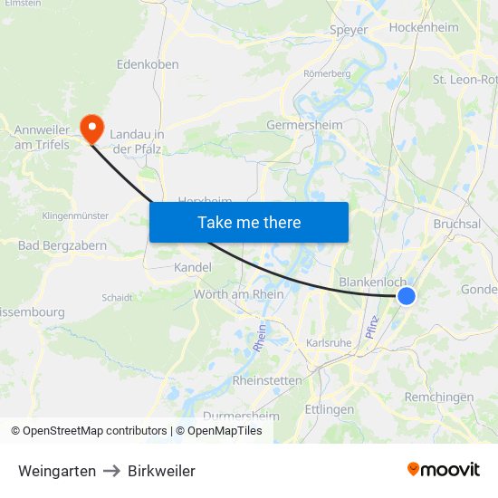 Weingarten to Birkweiler map