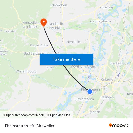 Rheinstetten to Birkweiler map