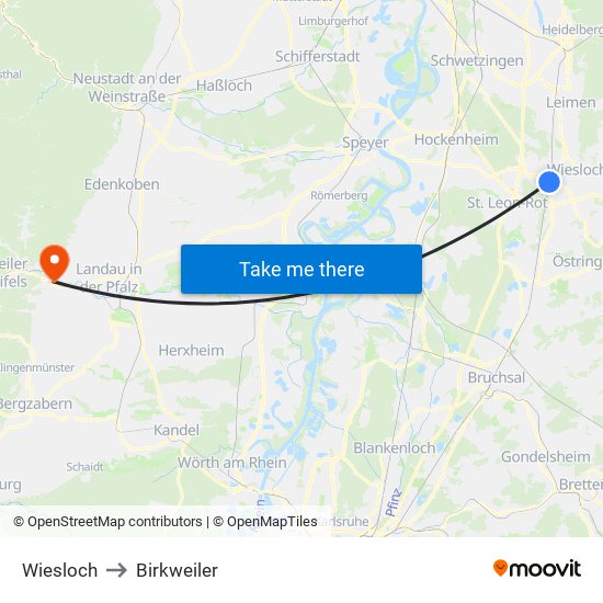 Wiesloch to Birkweiler map