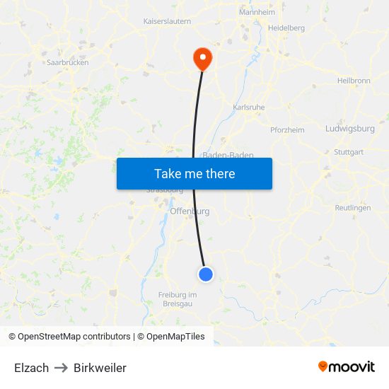 Elzach to Birkweiler map