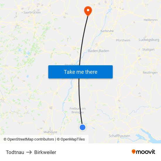 Todtnau to Birkweiler map