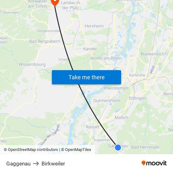 Gaggenau to Birkweiler map