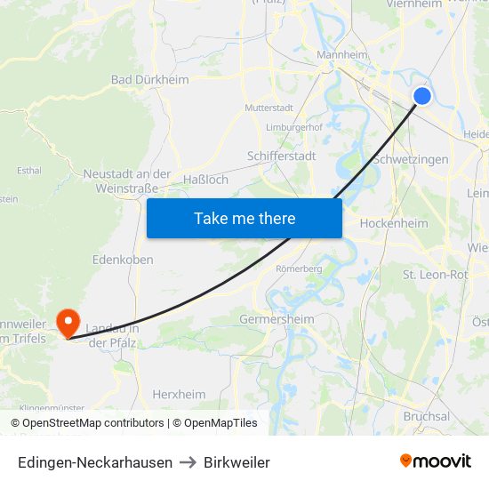 Edingen-Neckarhausen to Birkweiler map