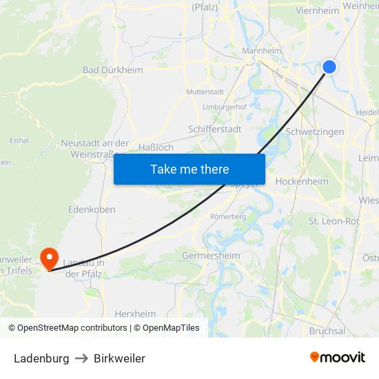 Ladenburg to Birkweiler map