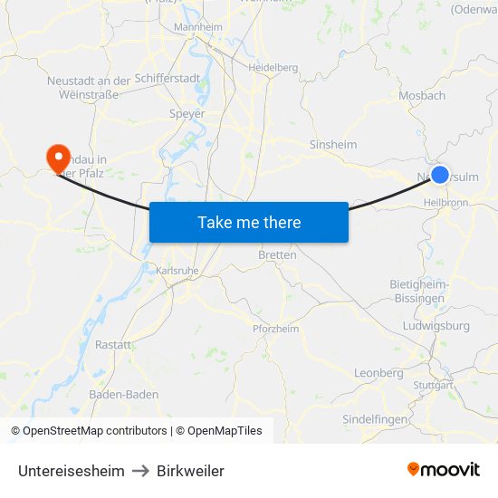 Untereisesheim to Birkweiler map