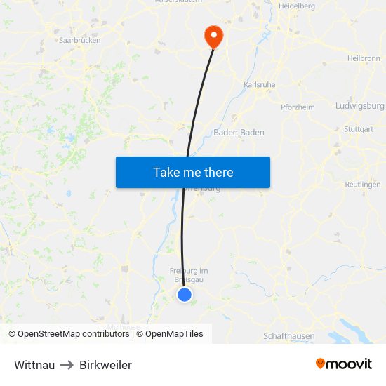 Wittnau to Birkweiler map