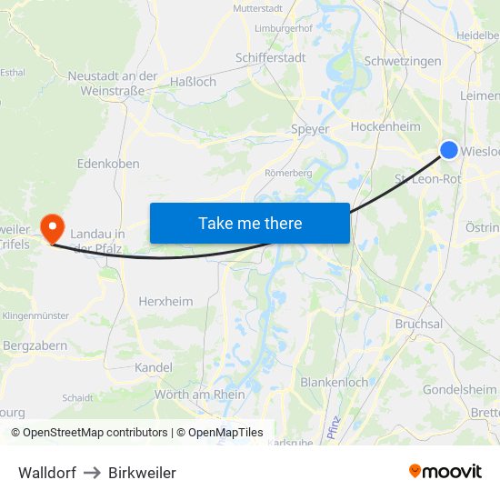 Walldorf to Birkweiler map