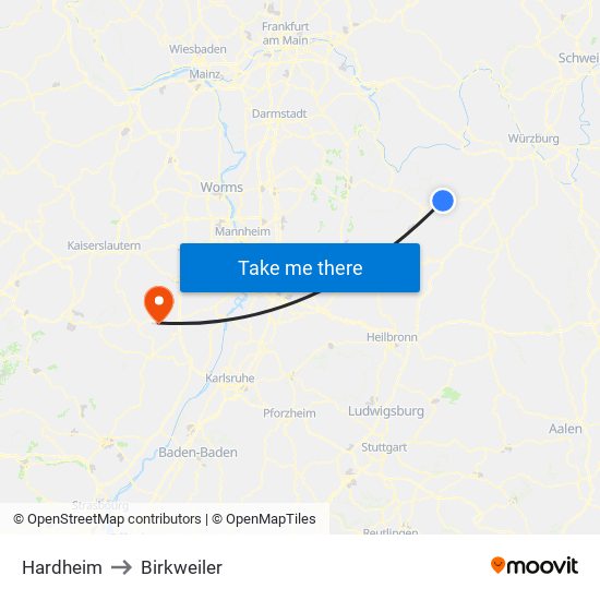Hardheim to Birkweiler map