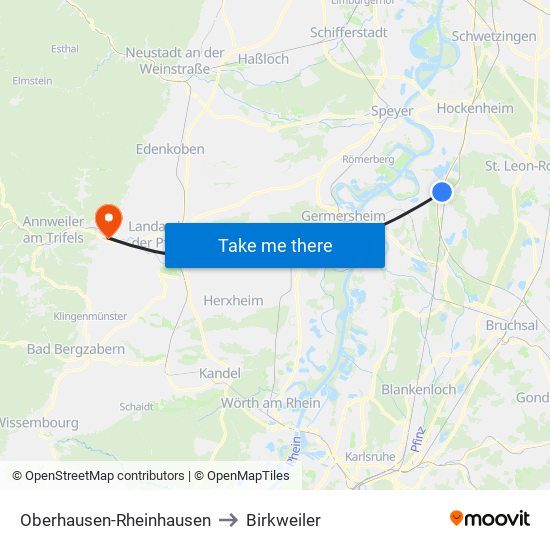 Oberhausen-Rheinhausen to Birkweiler map