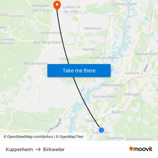 Kuppenheim to Birkweiler map