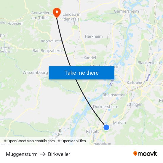 Muggensturm to Birkweiler map