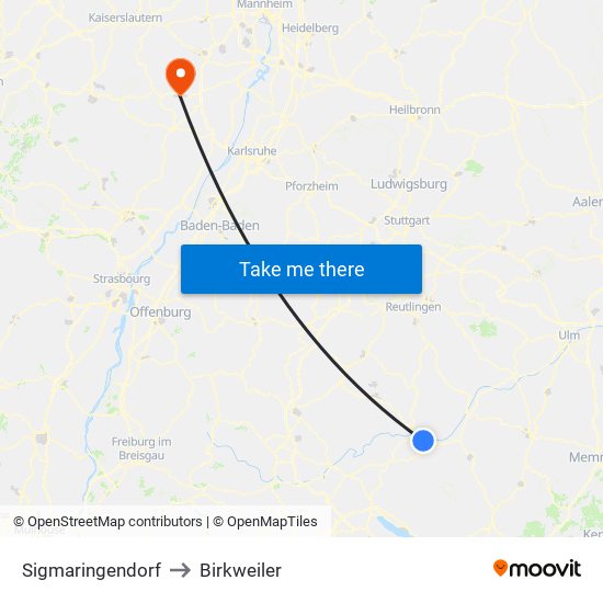 Sigmaringendorf to Birkweiler map