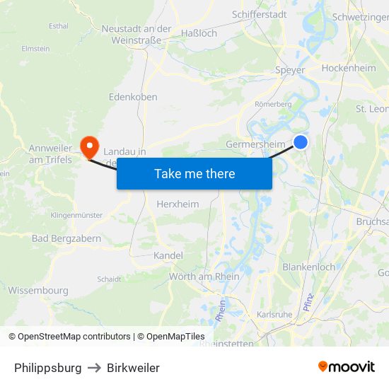 Philippsburg to Birkweiler map