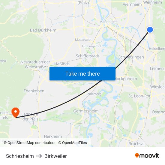 Schriesheim to Birkweiler map